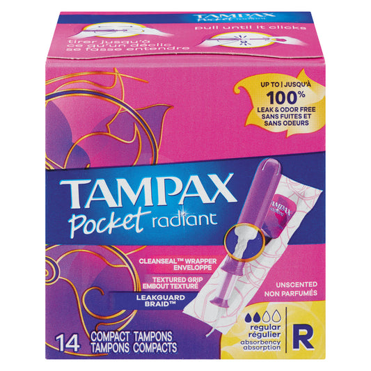 Tampax Pocket Radiant Compact Tampons Regular Absorbency With BPA-Free Plastic Applicator And LeakGuard Braid, Unscented Tampons Pasteur Pharmacy