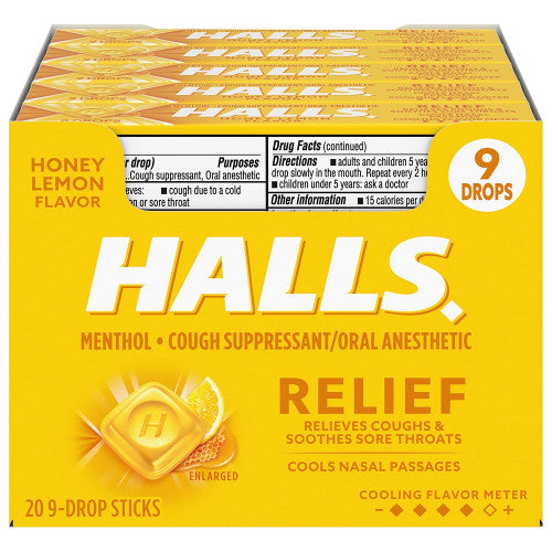 Halls Relief Honey Lemon Cough Drops - 9 Drop Stick Respiratory Care Pasteur Pharmacy