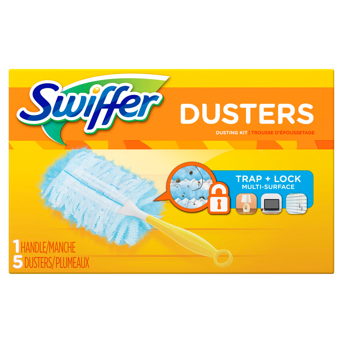 Kit de inicio Swiffer Dusters, fibras atrapapolvo, mango de 6", azul/amarillo