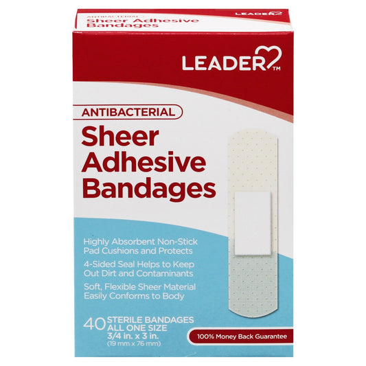 Leader Adhesive Bandages Sheer Antibacterial 0.75x3 In 40Ct Medical Tape & Bandages Pasteur Pharmacy