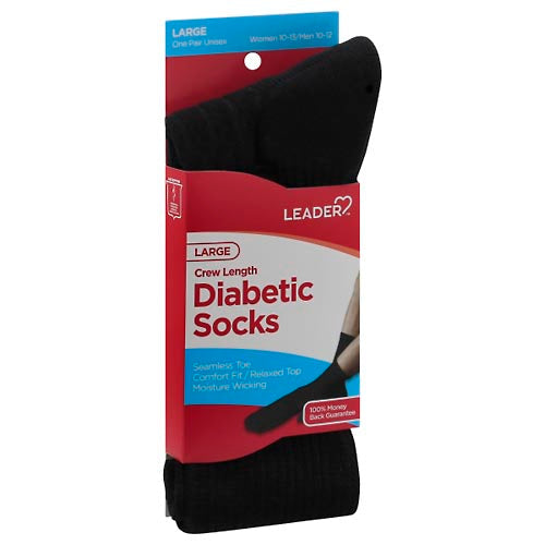 Leader Diabetic Sock Crew Black Large - 1 Pair Socks Pasteur Pharmacy