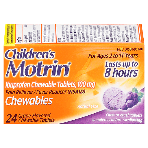 Motrin Children's Ibuprofen 100 Mg Chewable Tablets, Grape Grapes Pasteur Pharmacy