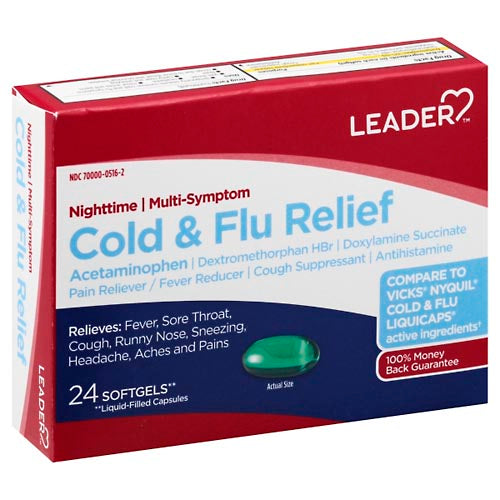 Leader Nighttime Multi-Symptom Cold And Flu Relief Softgels Medicine & Drugs Pasteur Pharmacy