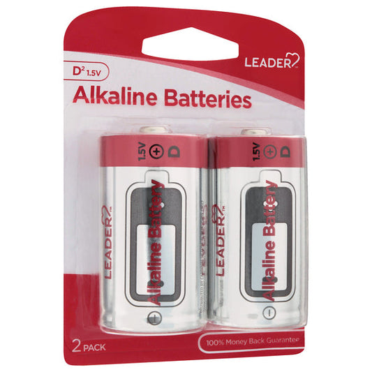 Leader Alkaline D Batteries - 2 Pack - Reliable Everyday Power - Compare to National Brands Batteries Pasteur Pharmacy