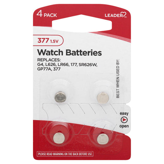 Leader 377 Watch Battery, SR626SW Silver Oxide 1.55V, Long-Lasting Button Cell, 4 Count Batteries Pasteur Pharmacy