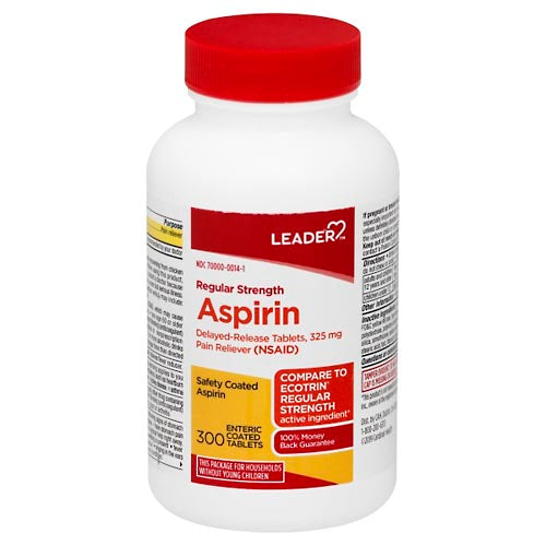 Leader Aspirin 325mg Enteric Coated Tablets, 300 Count – Regular Strength Delayed-Release NSAID Medicine & Drugs Pasteur Pharmacy