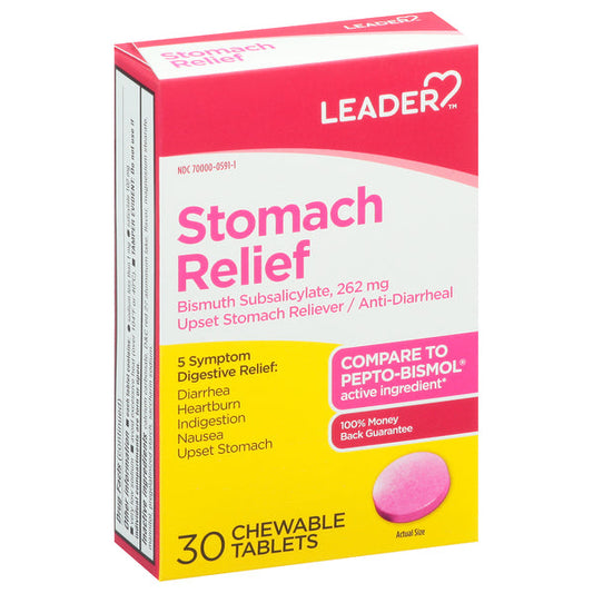 Leader Stomach Relief Bismuth Subsalicylate 262 Mg Chewable Tablets 30Ct Health Care Pasteur Pharmacy
