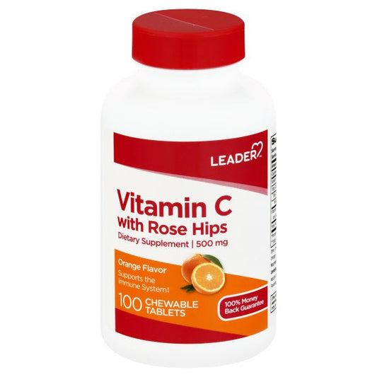 Leader Vitamin C 500mg Chewables with Rose Hips, 100ct – Orange Flavor Vitamins & Supplements Pasteur Pharmacy