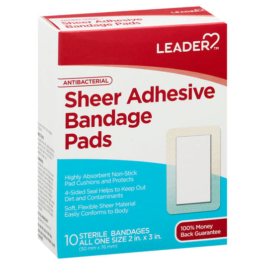 Leader Adhesive Bandage Pads, Sheer, Antibacterial, All One Size,10ea Medical Tape & Bandages Pasteur Pharmacy