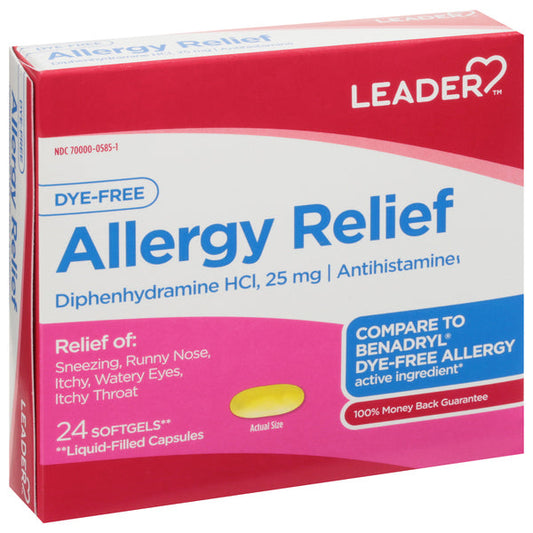 Leader Allergy Relief, Dye-Free 25mg Diphenhydramine HCl, 24 Liqui-Softgels Medicine & Drugs Pasteur Pharmacy