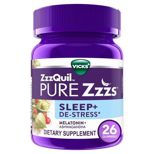 Vicks ZzzQuil Pure Zzzs Blackberry Vanilla Sleep+De-Stress 26 Gummies Snoring & Sleep Apnea Aids Pasteur Pharmacy