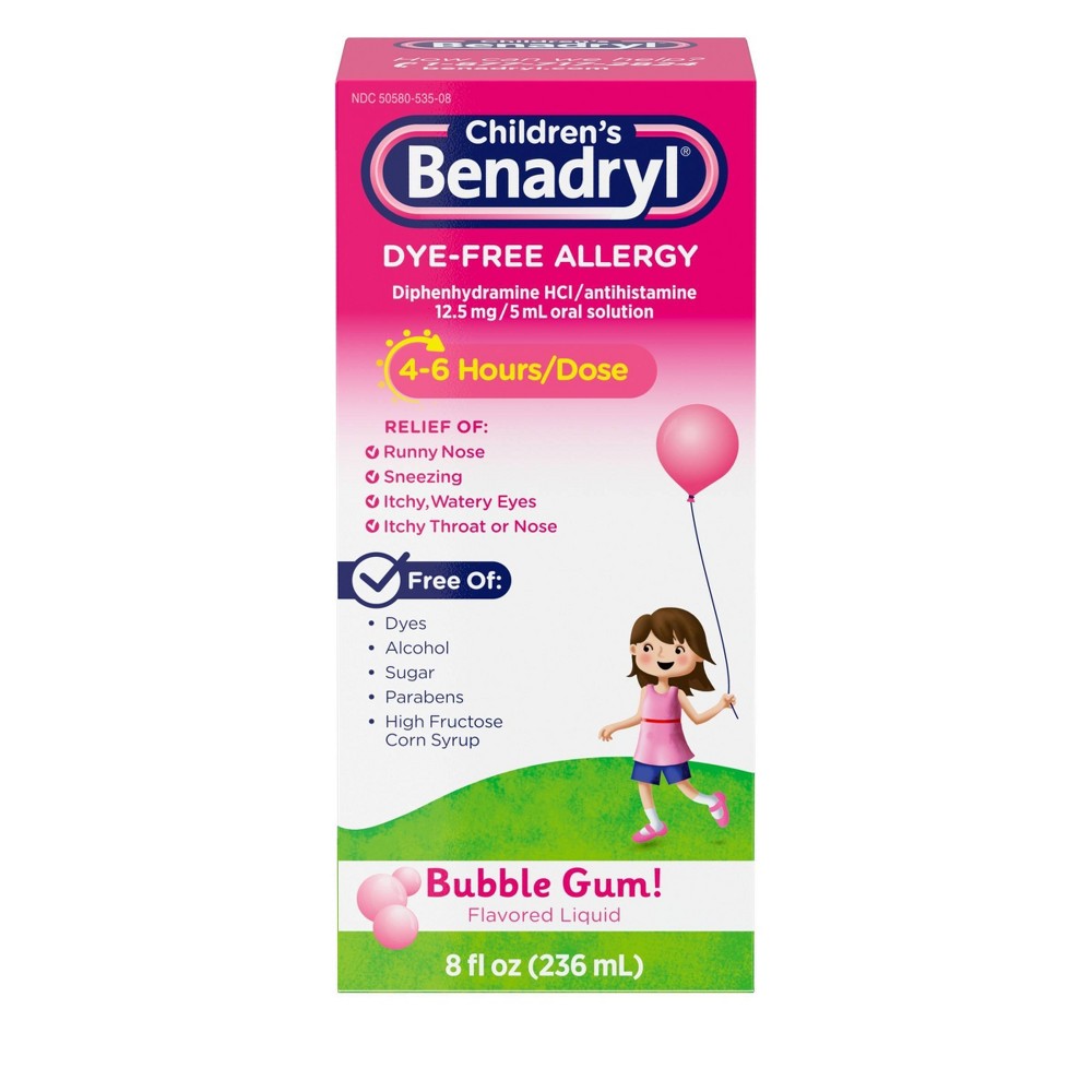 Benadryl Children's Liquid Dye- Free,Bubble Gum! Flavored Allergy 8 Fl Oz Medicine & Drugs Pasteur Pharmacy