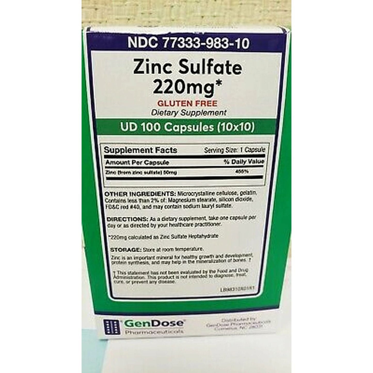 GenDose Pharmaceuticals Pharma Zinc Sulfate 220mg Capsules 100ct Fitness & Nutrition Pasteur Pharmacy