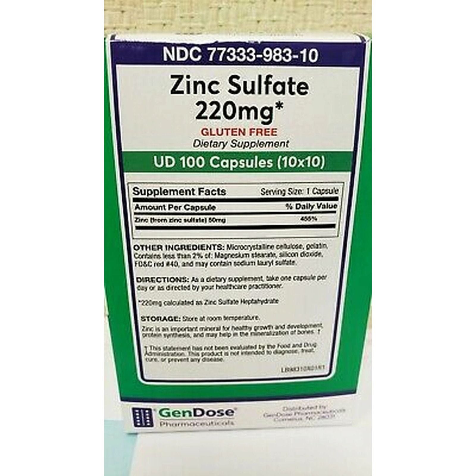 GenDose Pharmaceuticals Pharma Zinc Sulfate 220mg Capsules 100ct Fitness & Nutrition Pasteur Pharmacy