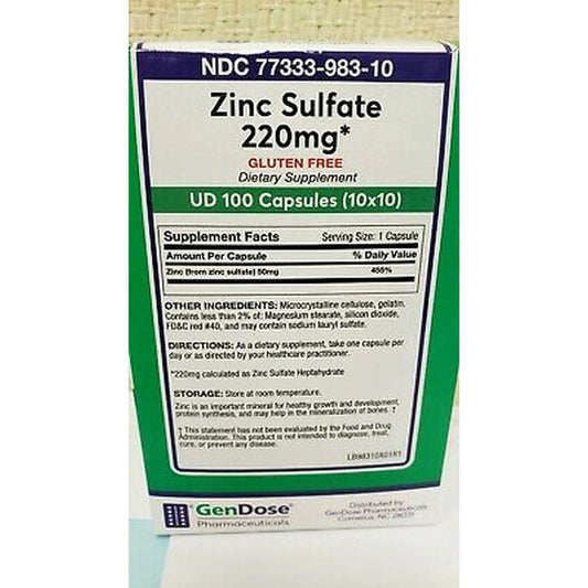 GenDose Pharmaceuticals Pharma Zinc Sulfate 220mg Capsules 100ct Fitness & Nutrition Pasteur Pharmacy