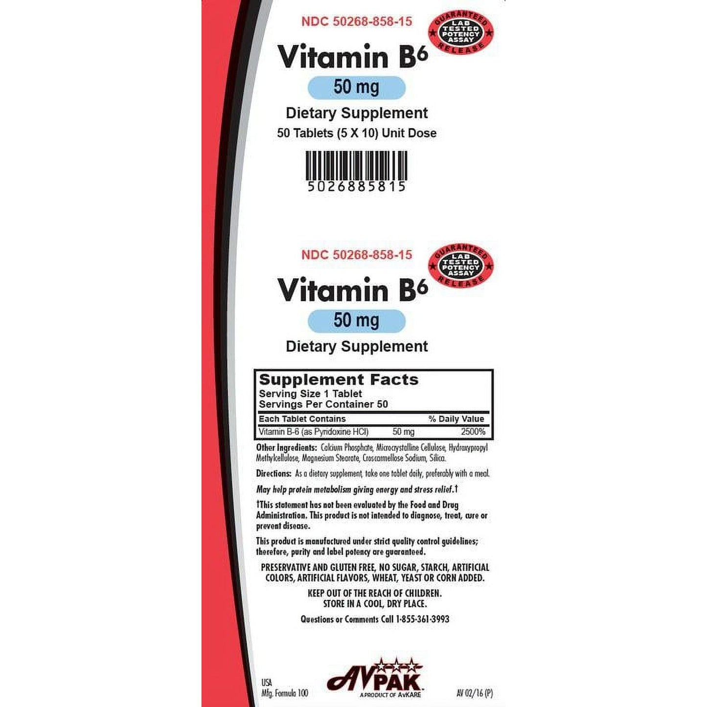 AvKARE Vitamin B6 Tablets, 50mg Vitamins & Supplements Pasteur Pharmacy