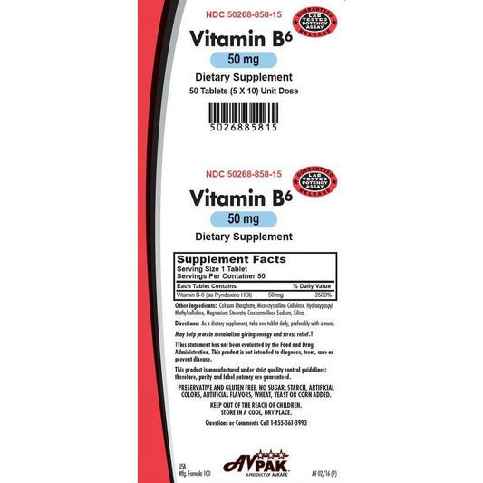 AvKARE Vitamin B6 Tablets, 50mg Vitamins & Supplements Pasteur Pharmacy