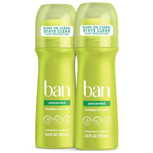 Ban Roll-On Antiperspirant Deodorant, Unscented, 3.5 oz (Twin Pack) Deodorant Pasteur Pharmacy