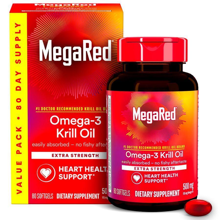 MegaRed Extra Strength Omega-3 Krill Oil 500mg - Heart Health Support, 80 Softgels Vitamins & Supplements Pasteur Pharmacy