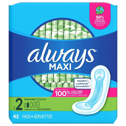 Always Maxi Pads with Wings, Size 2 Long, Unscented, 42 Count Feminine Pads & Protectors Pasteur Pharmacy