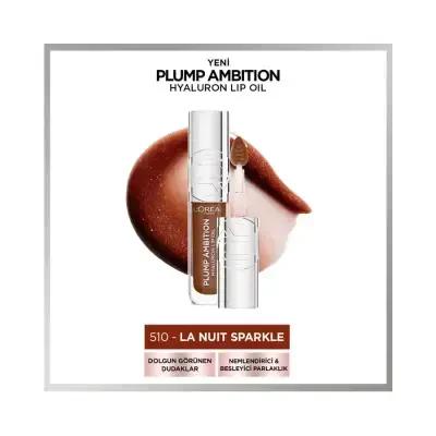 L'Oréal Paris Plump Ambition Hyaluron Lip Oil - 510 La Nuit Sparkle: Non-Sticky Hydrating Lip Oil with Hyaluronic Acid