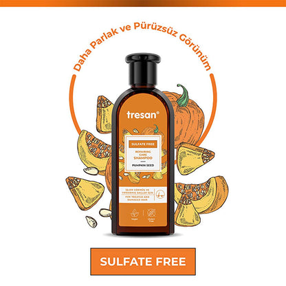 Shampooing réparateur sans sulfate Tresan à l'huile de pépins de courge - Soin capillaire doux, nourrissant et naturel pour cheveux abîmés