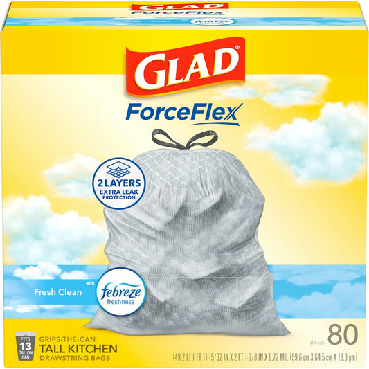 Glad ForceFlex Kitchen Drawstring Trash Bags, 13 Gal, Fresh Clean Scent, 24" X 27.38", White, 80 Bags/Box, 3 Boxes/Carton CLO78899 Paper & Plastic Shopping Bags Pasteur Pharmacy
