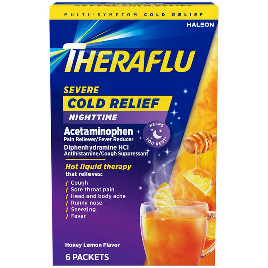 Theraflu Hot Liquid Therapy Severe Cold Relief Nighttime Packets Honey Lemon 6Ct Honey Pasteur Pharmacy