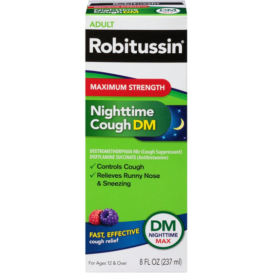 Robitussin Maximum Strength Nighttime Cough DM Max, Adult Formula, Berry Flavor - 8 Fl Oz Bottle Health & Beauty Pasteur Pharmacy