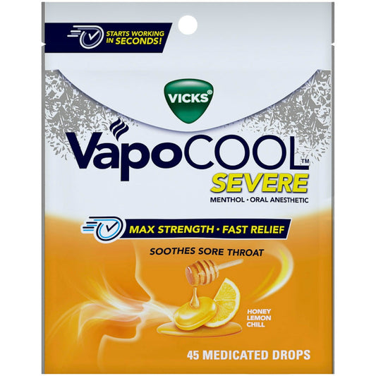 Vicks Vapo Cool Severe Medicated Lozenges, Honey Lemon Chill, 45 Drops – Soothe Sore Throat Pain Caused By Cough Respiratory Care Pasteur Pharmacy