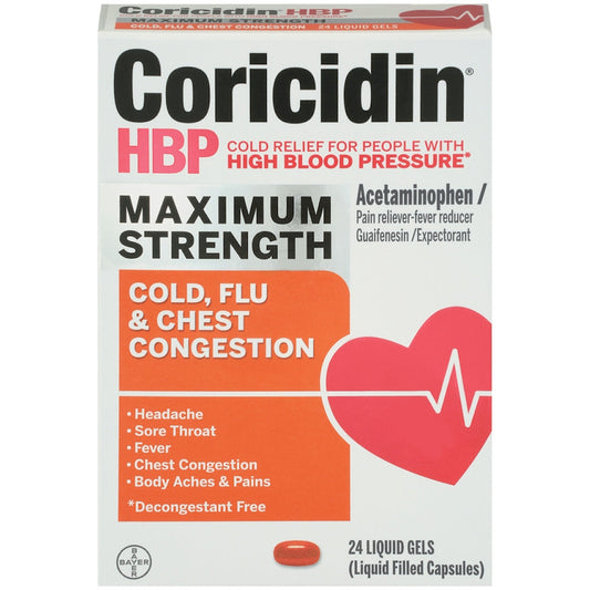 Coricidin HBP Maximum Strength Cold, Flu & Chest Congestion, 24 Liquid Gels Medicine & Drugs Pasteur Pharmacy