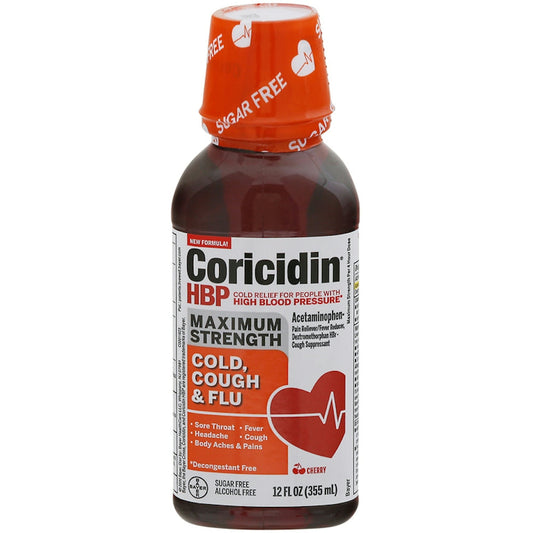 Coricidin HBP Maximum Strength Cherry Cold, Cough & Flu Liquid, 12 Fl Oz Medicine & Drugs Pasteur Pharmacy