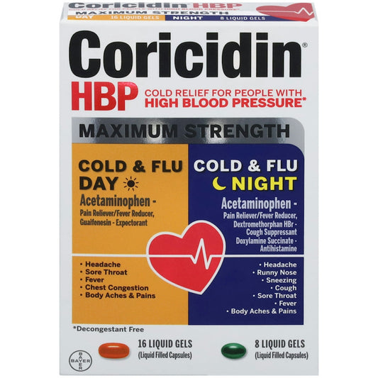 Coricidin HBP Cold & Flu Day & Night Relief, 24 Liquid Gels (Decongestant-Free) Medicine & Drugs Pasteur Pharmacy