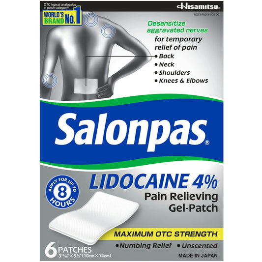 Salonpas Lidocaine 4% Pain Relieving Gel-Patch, Maximum Strength, Unscented, 6 Patches Health & Beauty Pasteur Pharmacy