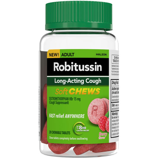 Robitussin Long Acting Cough, Adult, 15 Mg, Chewable Tablets, Berry Flavor Medicine & Drugs Pasteur Pharmacy