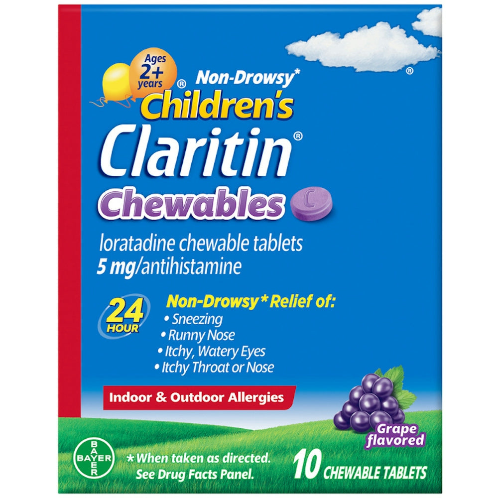Children's Claritin 24-Hour Non-Drowsy Allergy Relief, 5mg Loratadine, Grape Flavor, 10 Chewable Tablets Medicine & Drugs Pasteur Pharmacy