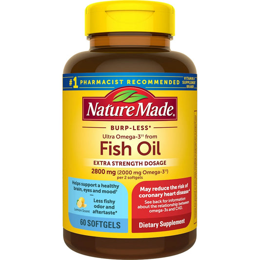 Nature Made Extra Strength Burp-Less Omega 3 Fish Oil 2800 Mg, Helps Support A Healthy Heart, Brain, Eyes, And Mood, 60 Softgels Vitamins & Supplements Pasteur Pharmacy