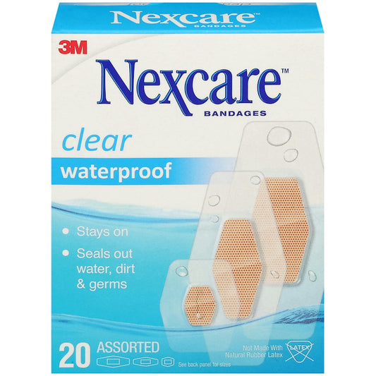 Nexcare Waterproof Bandages, Clear & Breathable, Assorted Sizes, 20 Count First Aid Pasteur Pharmacy