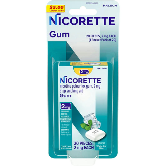 Nicorette 2mg Nicotine Gum Stop Smoking Aid, White Ice Mint, 20 Count Respiratory Care Pasteur Pharmacy
