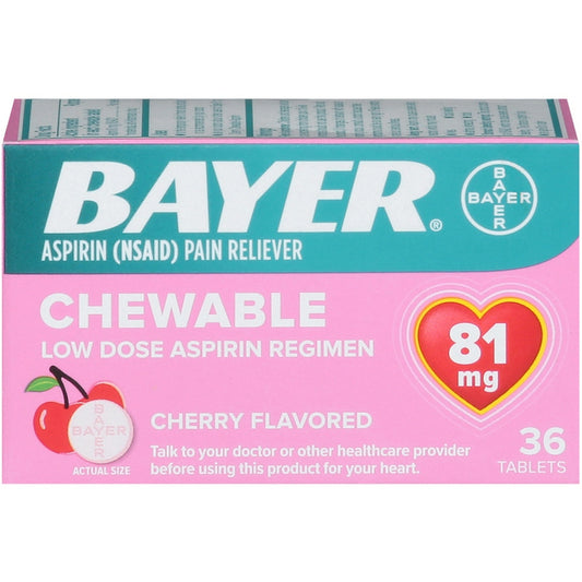 Bayer Aspirin 81mg Chewable Tablets – Cherry Flavor, 36 ct Medicine & Drugs Pasteur Pharmacy