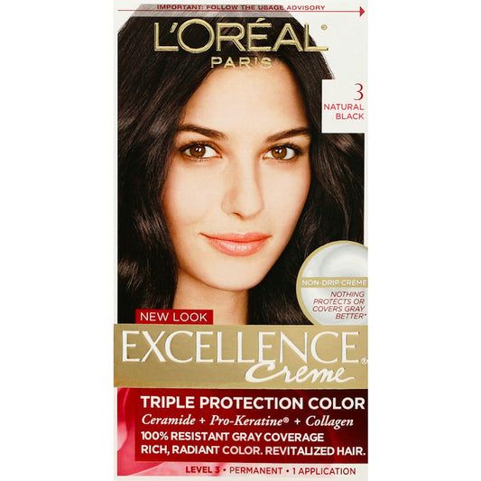 Excellence L'Oreal Paris Créme Permanent Triple Protection Hair Color, 3 Natural Black, 1 Kit Hair Color Pasteur Pharmacy