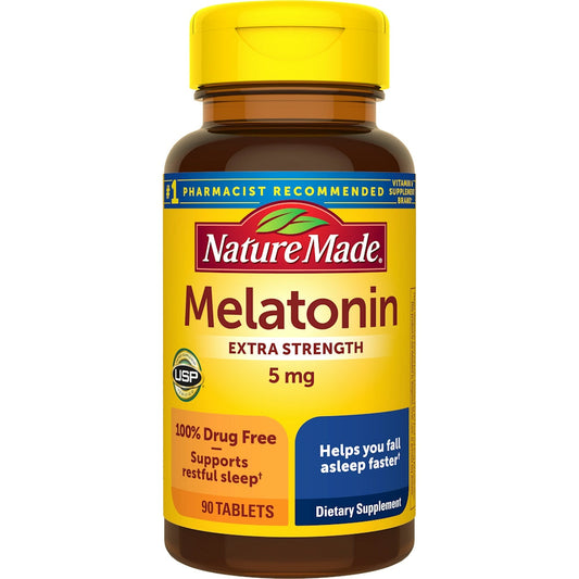 Nature Made® Melatonin 5 mg – Extra Strength Sleep Aid (90 Tablets) Vitamins & Supplements Pasteur Pharmacy