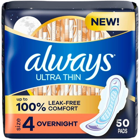 Always Ultra Thin Pads with Wings, Size 4 Overnight, Unscented, 50 Count Personal Care Pasteur Pharmacy