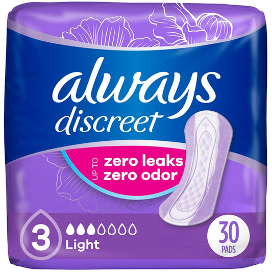 Always Discreet Pads, Light Absorbency, Regular Length,30 Count Incontinence Aids Pasteur Pharmacy