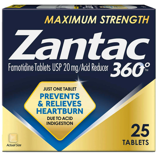 Zantac 360 Max Strength Acid Reducer 20mg – Heartburn Relief, 25 Tablets Medicine & Drugs Pasteur Pharmacy