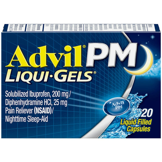 Advil PM (20 Count) Pain Reliever / Nighttime Sleep Aid Liquid Filled Capsule 200Mg Ibuprofen 25Mg Diphenhydramine Health & Beauty Pasteur Pharmacy