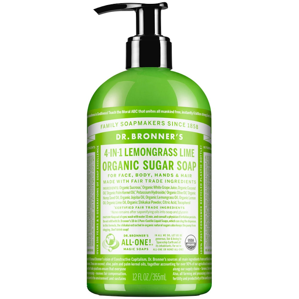Dr. Bronner's Organic 4-in-1 Pump Soap Sugar 12 Fl Oz Lemongrass Lime Bath & Body Pasteur Pharmacy