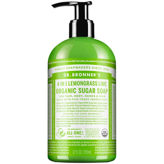 Dr. Bronner's Organic 4-in-1 Pump Soap Sugar 12 Fl Oz Lemongrass Lime Bath & Body Pasteur Pharmacy