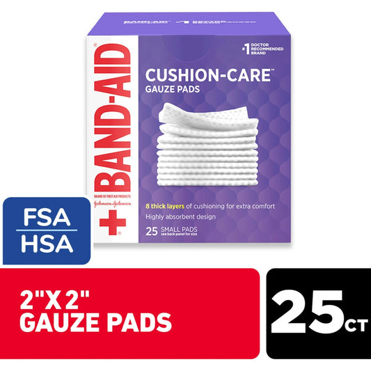 Band-Aid Cushion Care Small Gauze Pads 25 Ea Box First Aid Pasteur Pharmacy