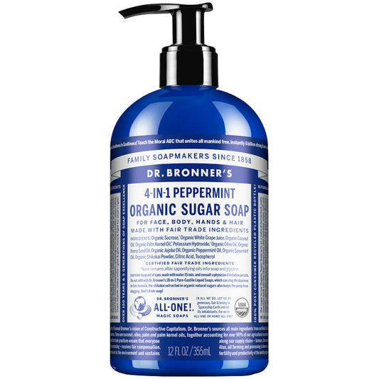Dr. Bronner's Organic 4-in-1 Pump Soap Sugar 12 Fl Oz Peppermint Bath & Body Pasteur Pharmacy